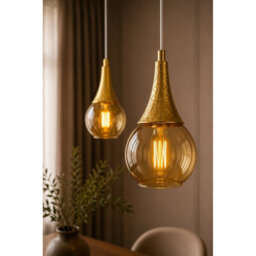 Luminosa Lighting Luminosa Lacrima Bar Pendant Ceiling Light White, Gold Amber Glass Shade 2X E27 - thumbnail 3