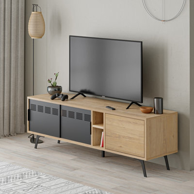 Decortie Modern Lulia Tv Stand Oak Tv Metal Sliding Lid Storage Space 2 Shelf 2 Open Cube Shelf Storage Space - image 1