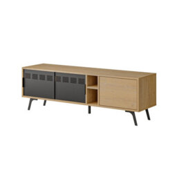 Decortie Modern Lulia Tv Stand Oak Tv Metal Sliding Lid Storage Space 2 Shelf 2 Open Cube Shelf Storage Space - thumbnail 2