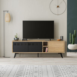 Decortie Modern Lulia Tv Stand Oak Tv Metal Sliding Lid Storage Space 2 Shelf 2 Open Cube Shelf Storage Space - thumbnail 3
