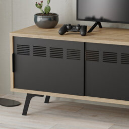 Decortie Modern Lulia Tv Stand Oak Tv Metal Sliding Lid Storage Space 2 Shelf 2 Open Cube Shelf Storage Space - thumbnail 5