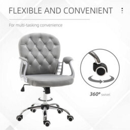 Grey Office Chair Luxury Velour Diamond Tufted Padded Ergonomic  Swivel - thumbnail 6