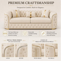 Stratus Interiors Ambassador Sofa Chesterfield Toronto Metal Trim Fabric - No Frills - 3 Seater Sofa For Living Room - Silver Trim Design - Cream - thumbnail 4