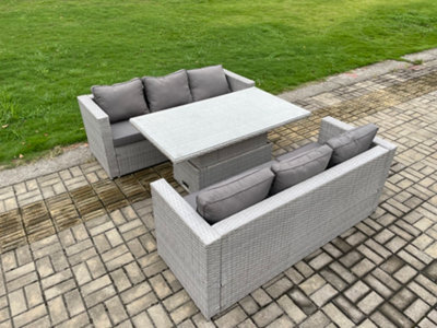 Fimous Rattan Outdoor Garden Funiture Set Height Adjustable Rising Lifting Table Sofa Dining Set With Light Grey - image 1