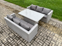Fimous Rattan Outdoor Garden Funiture Set Height Adjustable Rising Lifting Table Sofa Dining Set With Light Grey - thumbnail 2