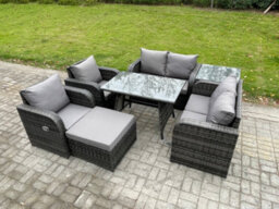 Fimous Wicker Pe Rattan Garden Dining Set Outdoor Furniture Sofa With Rectangular Dining Table Big Footstool Side Table - thumbnail 2