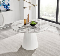 Furniturebox Palma 120Cm Round White Marble Effect Dining Table With Pedestal Pillar Base In Semi-Matte For Modern Dining Room