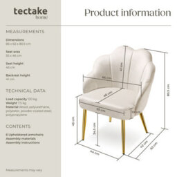 Tectake Set Of 6 Accent Chair Hellen - Velvet Cover, Padded, Extra-Wide Shell-Shaped Backrest  - Cream/gold - thumbnail 6