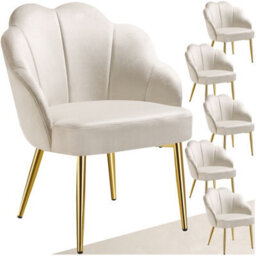 Tectake Set Of 6 Accent Chair Hellen - Velvet Cover, Padded, Extra-Wide Shell-Shaped Backrest  - Cream/gold - thumbnail 1