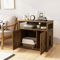 Cat Litter Box Cabinet With Double Doors Side Entry Storage Shelf - thumbnail 3