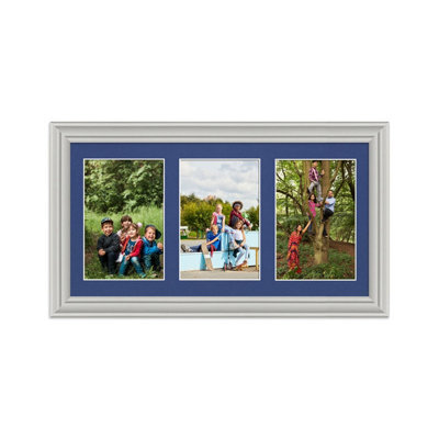AK Frames 40X20Cm Light Grey Classic Multi Photo Frame With Blue Mount - Holds 3 Apertures (3X) 6X4 Photos - image 1