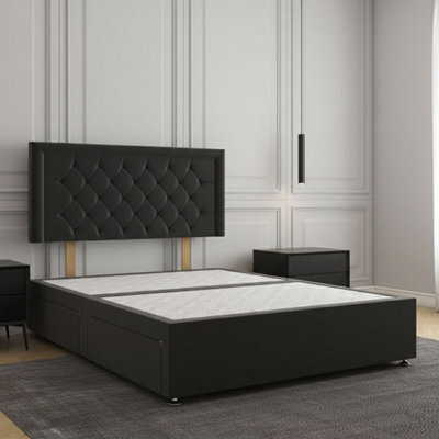 REGIONAL FURNISHINGS Divan Bed Set Black Plush Velvet Upholstered 24Inch Headboard & 2Drawers Sameside & No Mattress In 3Ft 4Ft 4Ft6 5Ft 6Ft Sizes - image 1