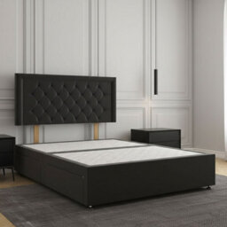 REGIONAL FURNISHINGS Divan Bed Set Black Plush Velvet Upholstered 24Inch Headboard & 2Drawers Sameside & No Mattress In 3Ft 4Ft 4Ft6 5Ft 6Ft Sizes - thumbnail 1