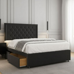 REGIONAL FURNISHINGS Divan Bed Set Black Plush Velvet Upholstered 24Inch Headboard & 2Drawers Sameside & No Mattress In 3Ft 4Ft 4Ft6 5Ft 6Ft Sizes - thumbnail 2