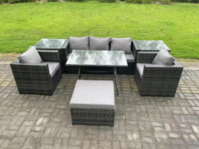 Fimous 6 Seater Rattan Outdoor Furniture Garden Dining Set With Oblong Dining Table 2 Side Tables Big Footstool - image 1