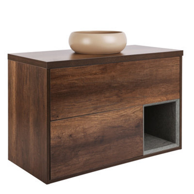 Homestylestore Dark Oak 1000mm Wall Hung Bathroom Vanity Unit With Round Sand Countertop Basin - image 1