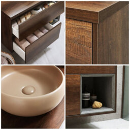 Homestylestore Dark Oak 1000mm Wall Hung Bathroom Vanity Unit With Round Sand Countertop Basin - thumbnail 2