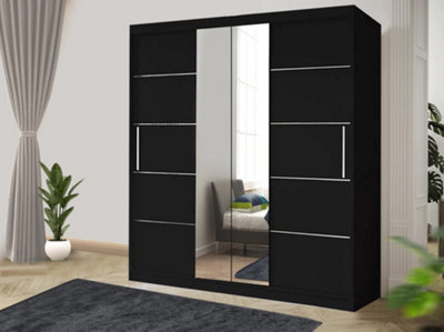 RAC3 Sliding Wardrobe With Mirror Space Saving Bedroom Wardrobe, Contemporary Bedroom Sliding Wardrobe & Mirror Wardrobe (Black, 150Cm) - image 1