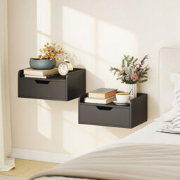 Homcom Floating Nightstands Set Of 2, Nightstand With Drawer, Black - thumbnail 1