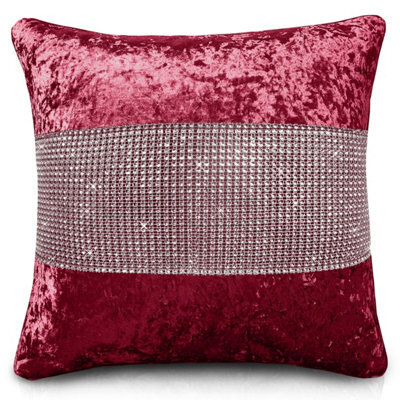 Intimates Crushed Velvet Luxury Cushion, Diamante Detail, Zip Closure, Elegant Sofa And Living Room Decor - Raspberry
