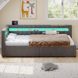 Matteo 3Ft Single Grey Velvet Daybed With Led, Usb Charging, & 2 Storage Drawers - Modern Channel Tufted Bed Frame - thumbnail 5