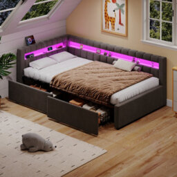 Matteo 3Ft Single Grey Velvet Daybed With Led, Usb Charging, & 2 Storage Drawers - Modern Channel Tufted Bed Frame - thumbnail 3