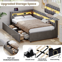 Matteo 3Ft Single Grey Velvet Daybed With Led, Usb Charging, & 2 Storage Drawers - Modern Channel Tufted Bed Frame - thumbnail 8