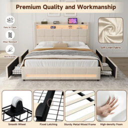 Btm 4Ft6 Double Linen Bed, 4 Drawers With Led Rivet Headboard   Usb Type C Charging Station, Beige (No Mattress) - thumbnail 7