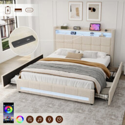 Btm 4Ft6 Double Linen Bed, 4 Drawers With Led Rivet Headboard   Usb Type C Charging Station, Beige (No Mattress) - thumbnail 2