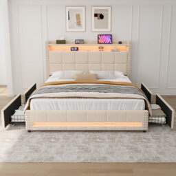 Btm 4Ft6 Double Linen Bed, 4 Drawers With Led Rivet Headboard   Usb Type C Charging Station, Beige (No Mattress) - thumbnail 3