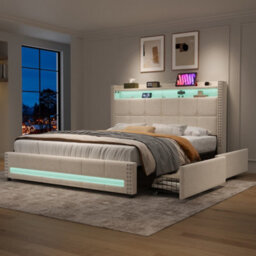 Btm 4Ft6 Double Linen Bed, 4 Drawers With Led Rivet Headboard   Usb Type C Charging Station, Beige (No Mattress) - thumbnail 4