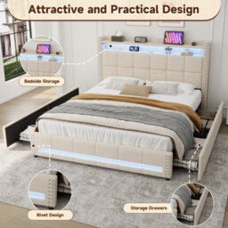 Btm 4Ft6 Double Linen Bed, 4 Drawers With Led Rivet Headboard   Usb Type C Charging Station, Beige (No Mattress) - thumbnail 5