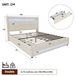 Btm 4Ft6 Double Linen Bed, 4 Drawers With Led Rivet Headboard   Usb Type C Charging Station, Beige (No Mattress) - thumbnail 8