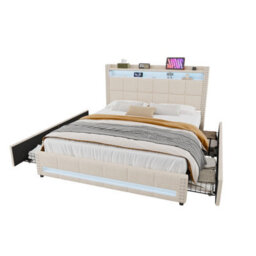 Btm 4Ft6 Double Linen Bed, 4 Drawers With Led Rivet Headboard   Usb Type C Charging Station, Beige (No Mattress) - thumbnail 9