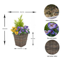 GreenBrokers 2 X Artificial Rattan Patio Planters With Purple And Yellow Faux Silk Pansies And Conifer/cedar Topiary  60Cm/23.5In - thumbnail 4