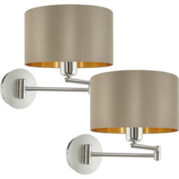Elegant 2-Pack Satin Nickel Wall Light With Moveable Stem And Taupe Gold Fabric Shade