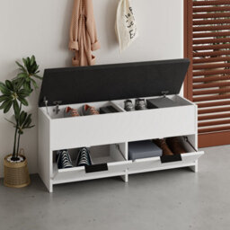 Decortie Modern Cove Shoe Storage With Fabric Bench 2-Tier Cabinet Hallway Entryway Storage White 106X34X50Cm - thumbnail 4