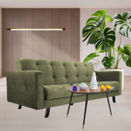 Sofa Bed With Storage Bonell Springs Pull Out Sleep Function Khaki Fabric Upholstery Modern Design Lizbona - thumbnail 2