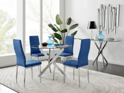 Furniturebox Uk Novara Chrome Metal Round Glass Dining Table And 4 Navy Velvet Milan Chairs - thumbnail 1