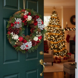 Urbn-Living Urbnliving 25Cm Red White & Green  Christmas Wreath Festive Decoration With Jute Hanger Traditional Pinecone Décor - thumbnail 5