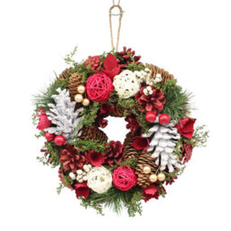 Urbn-Living Urbnliving 25Cm Red White & Green  Christmas Wreath Festive Decoration With Jute Hanger Traditional Pinecone Décor