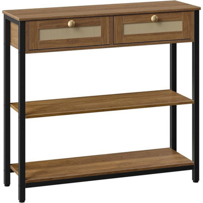 Rattan-Like Console Table 80Cm Walnut Black 3-Tier Storage With Drawers - image 1