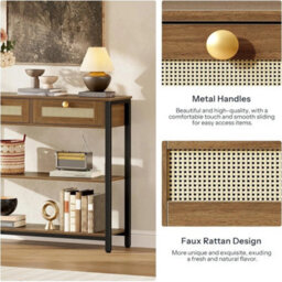 Rattan-Like Console Table 80Cm Walnut Black 3-Tier Storage With Drawers - thumbnail 4