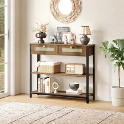 Rattan-Like Console Table 80Cm Walnut Black 3-Tier Storage With Drawers - thumbnail 5