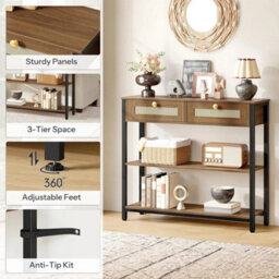 Rattan-Like Console Table 80Cm Walnut Black 3-Tier Storage With Drawers - thumbnail 3