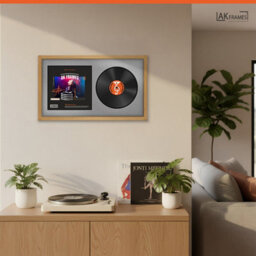 "30X17"" Oak Sleek Vinyl Record Frame With Silver Mount For 12 Inch Lp Album Cover & Disc - Ak Frames" - thumbnail 5