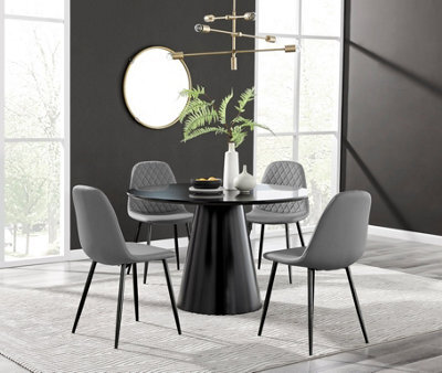 Furniturebox Uk Palma Black Semi Gloss Round Pedestal Dining Table & 4 Grey Faux Leather Corona Black Leg Chairs - image 1