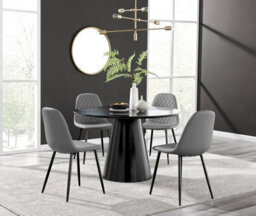 Furniturebox Uk Palma Black Semi Gloss Round Pedestal Dining Table & 4 Grey Faux Leather Corona Black Leg Chairs - thumbnail 1