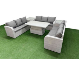 Fimous 9 Seater Outdoor Garden Furniture Set Adjustable Lifting Dining Or Coffee Table 3 Seater Sofa 2 Side Table Light Grey - thumbnail 2