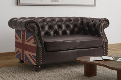 Faux Leather Brown 2 Seater Union Jack Chesterfield Sofa - image 1